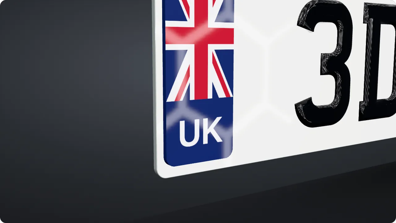 Close-up of a raised UK 4D badge on the left of a plate