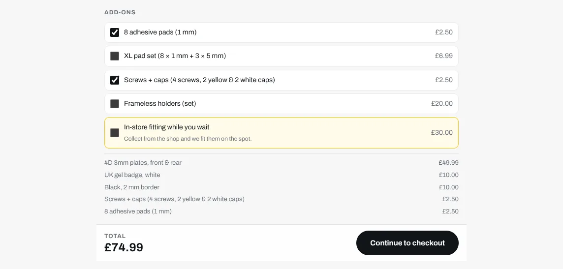 The add-ons step: extras with prices and the order summary