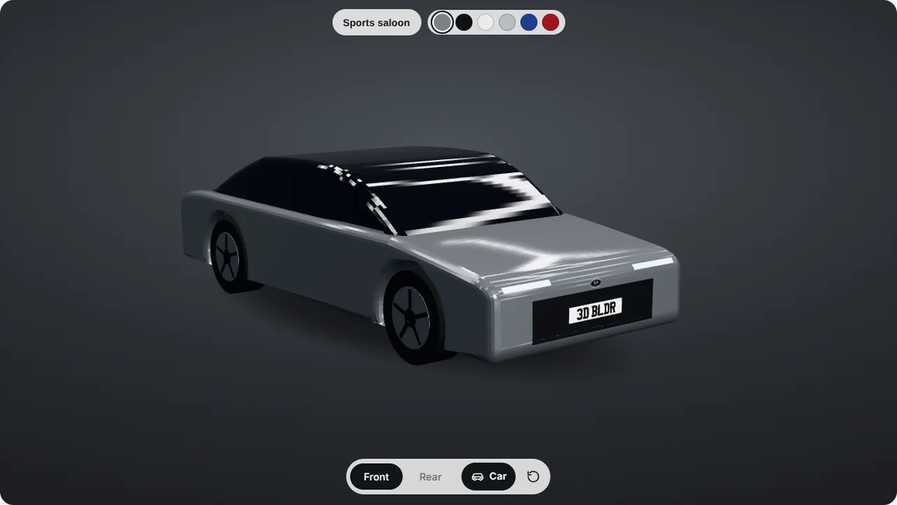 A grey car with the customer's plates fitted, in the builder's car view