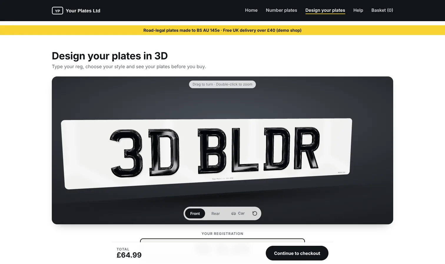 A plate shop's Design your plates page on a laptop, with the 3D plate at the top and the options underneath