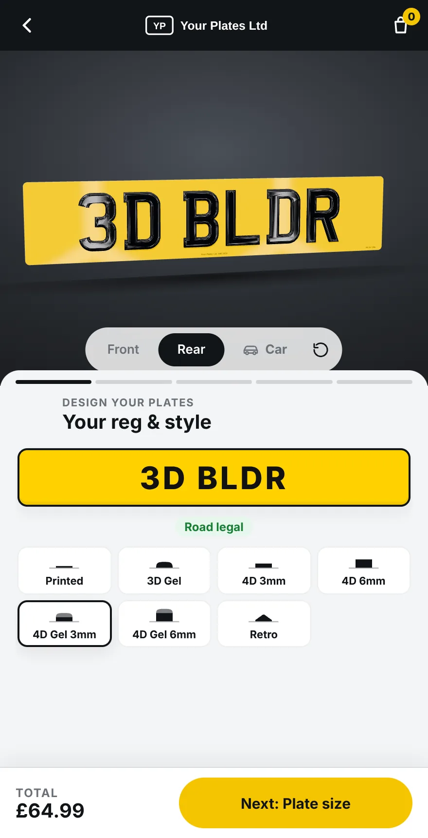 The builder on a phone: the plate at the top, the registration and style picker underneath, and the total with a Next button at the bottom